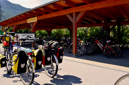 Encourage bicycle travel. Bike parking at a local restaurant. Austria R13 bike Route. Two Wheel Travel